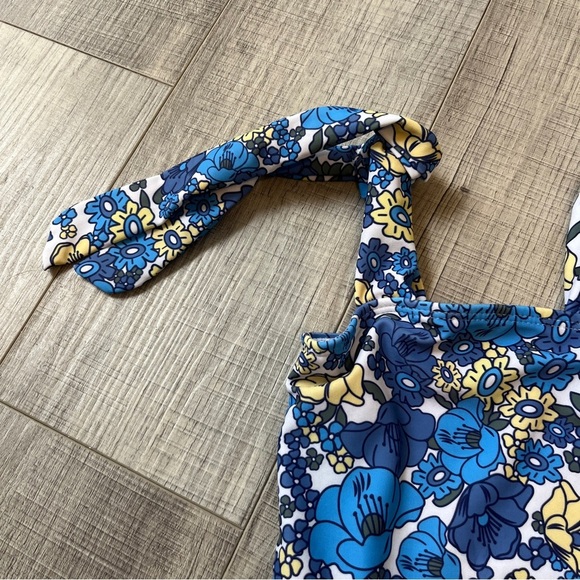 Floral Blue and Yellow Kids One-Piece Swimsuit Blue Floral Tie Strap Skirt 9-12M - Picture 5 of 12